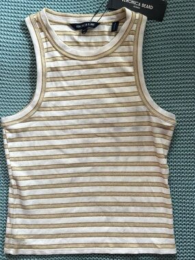 Veronica Beard White and Khaki Striped Ribbed Tank